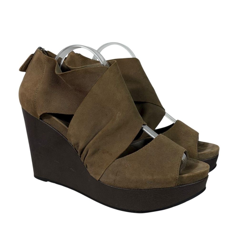 Eileen Fisher Draw Suede Leather Wrap Style Platform Wedge Heels Taupe Tan 7